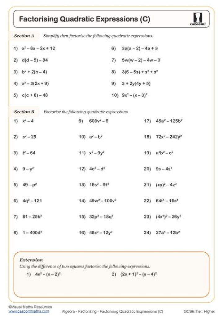 Factorising Quadratics Worksheet PDF – Download Instant Practice PDF