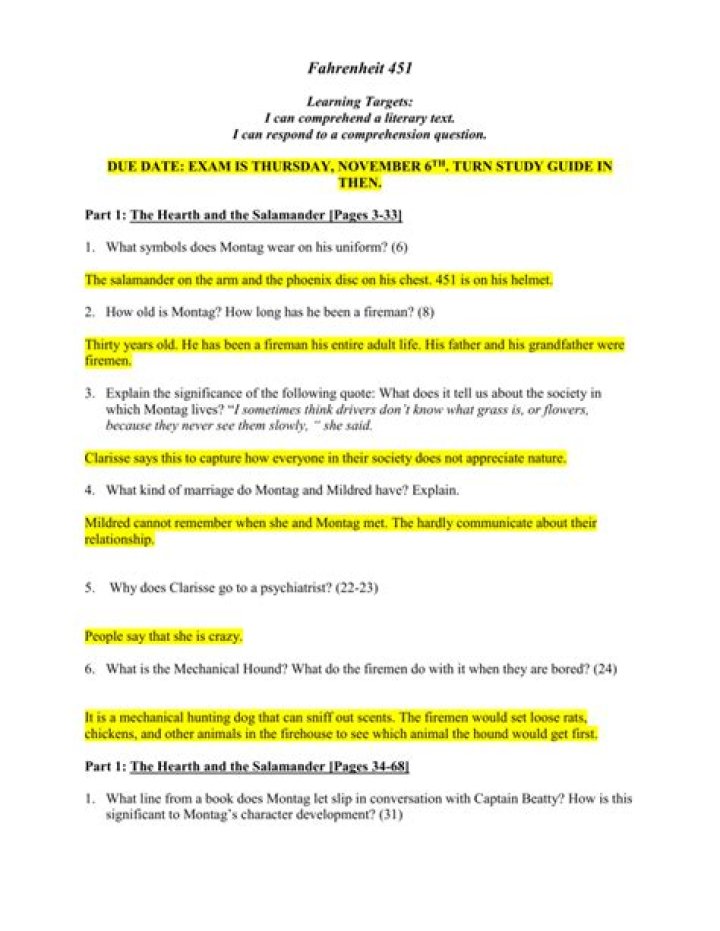 Fahrenheit 451 Study Guide Answers Part 1: Complete PDF Answers