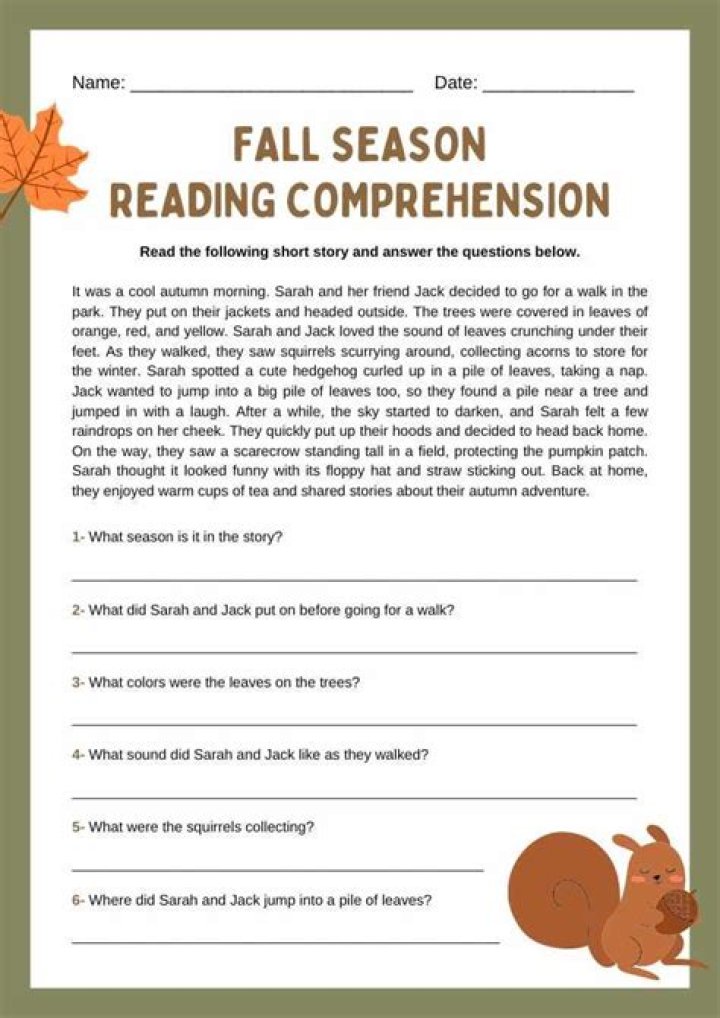 Fall Reading Comprehension Worksheets PDF for Students
