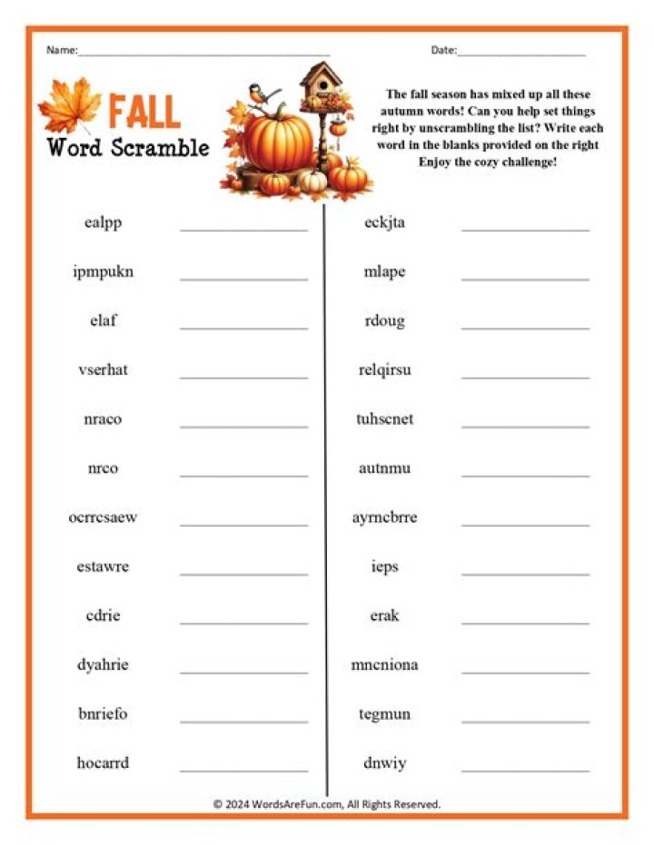 Fall Word Scramble Answers PDF – Easy Word Puzzles Download