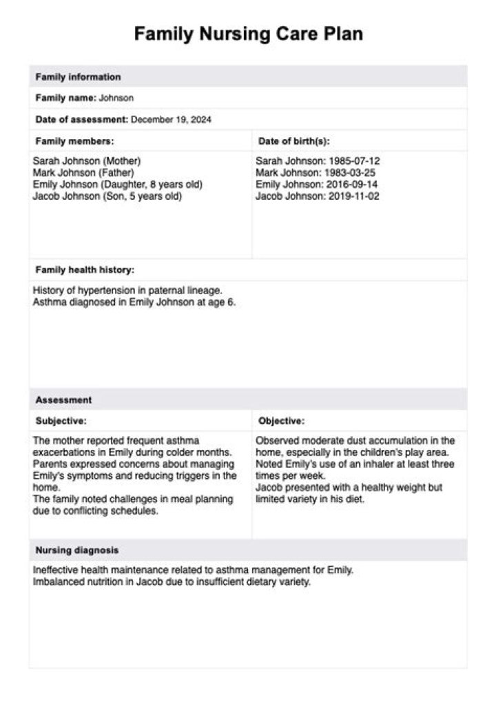 Family Nursing Care Plan Sample PDF for Home Healthcare