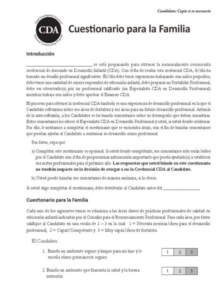 Family Questionnaire Summary Sheet PDF – CDA Compliant