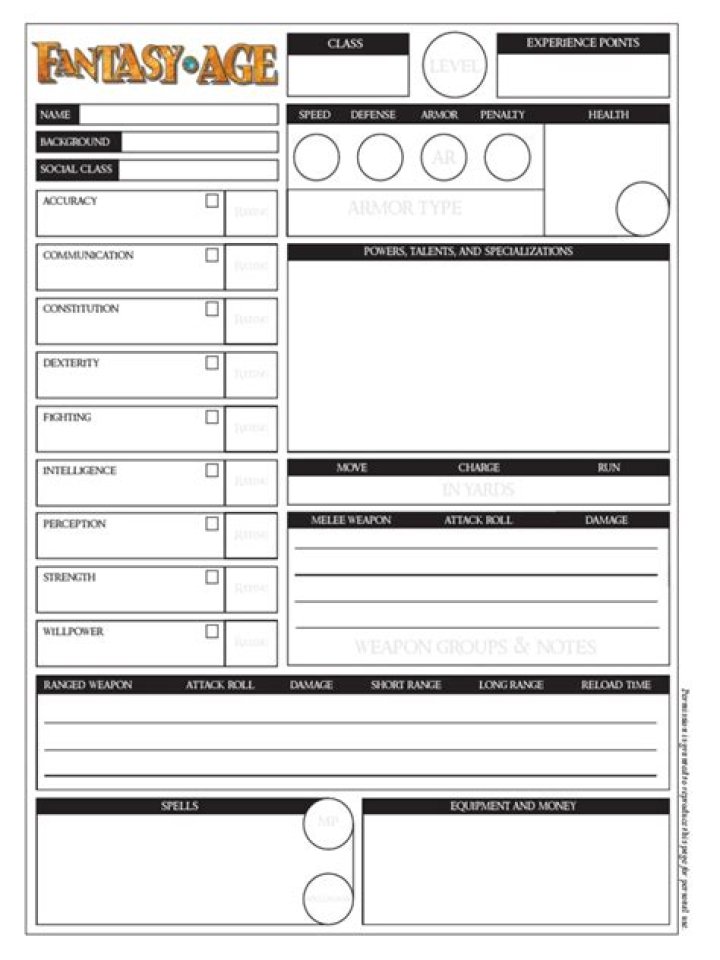 Fantasy Age Character Sheet PDF – Complete Printable Game Stats