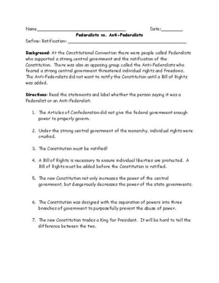 Federalist vs Anti-Federalist Worksheet PDF Answer Key