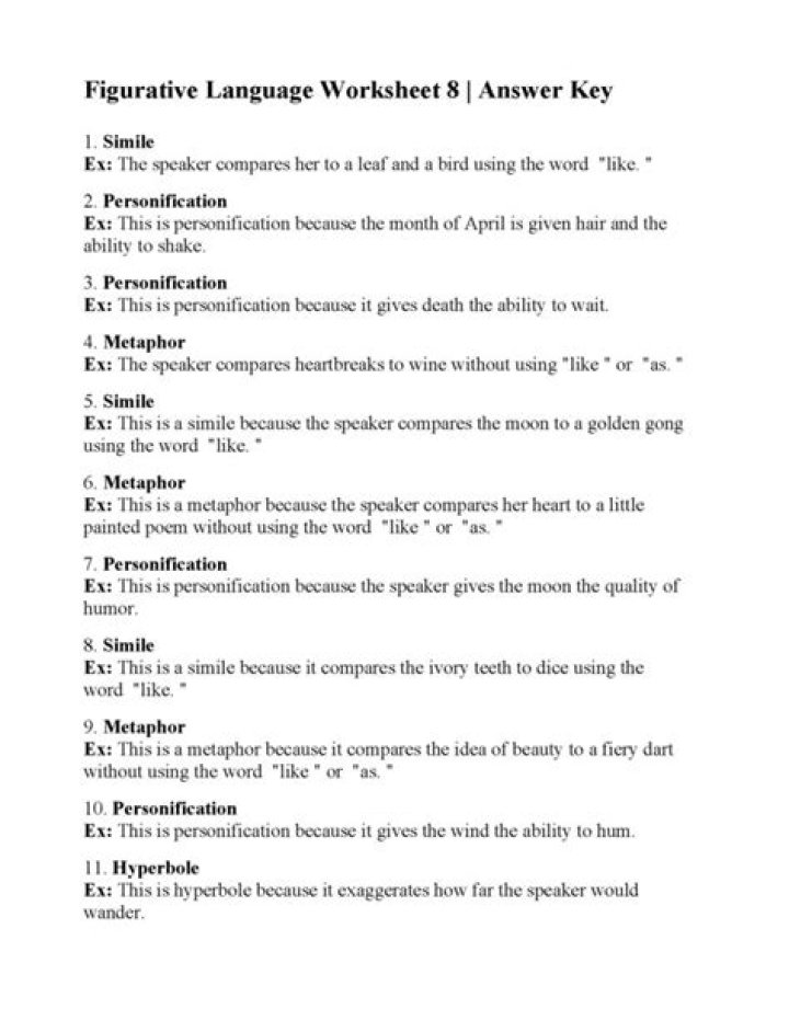 Free Figurative Language Worksheets PDF with Answer Key