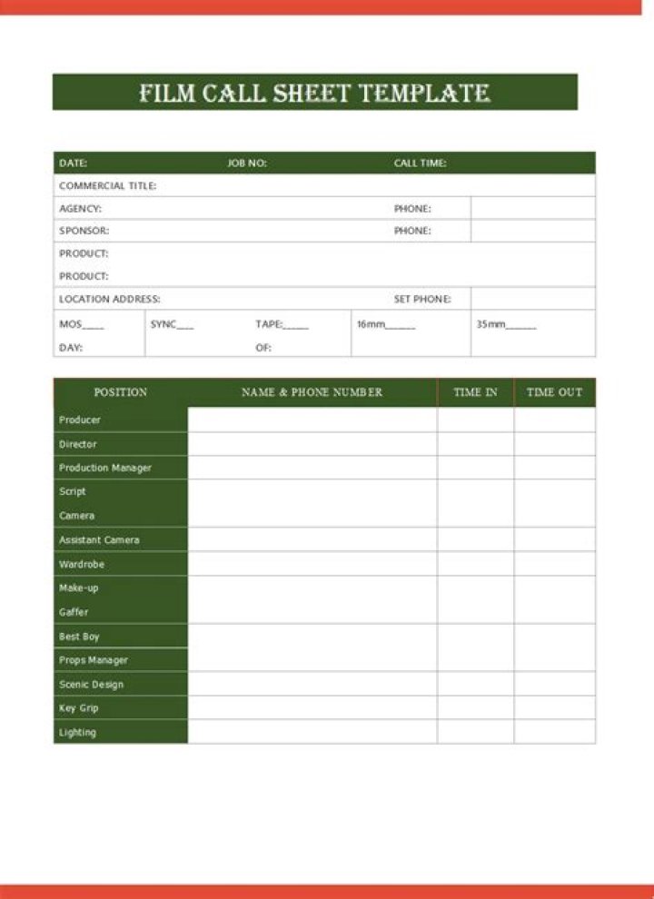 Download Professional Film Call Sheet Template PDF