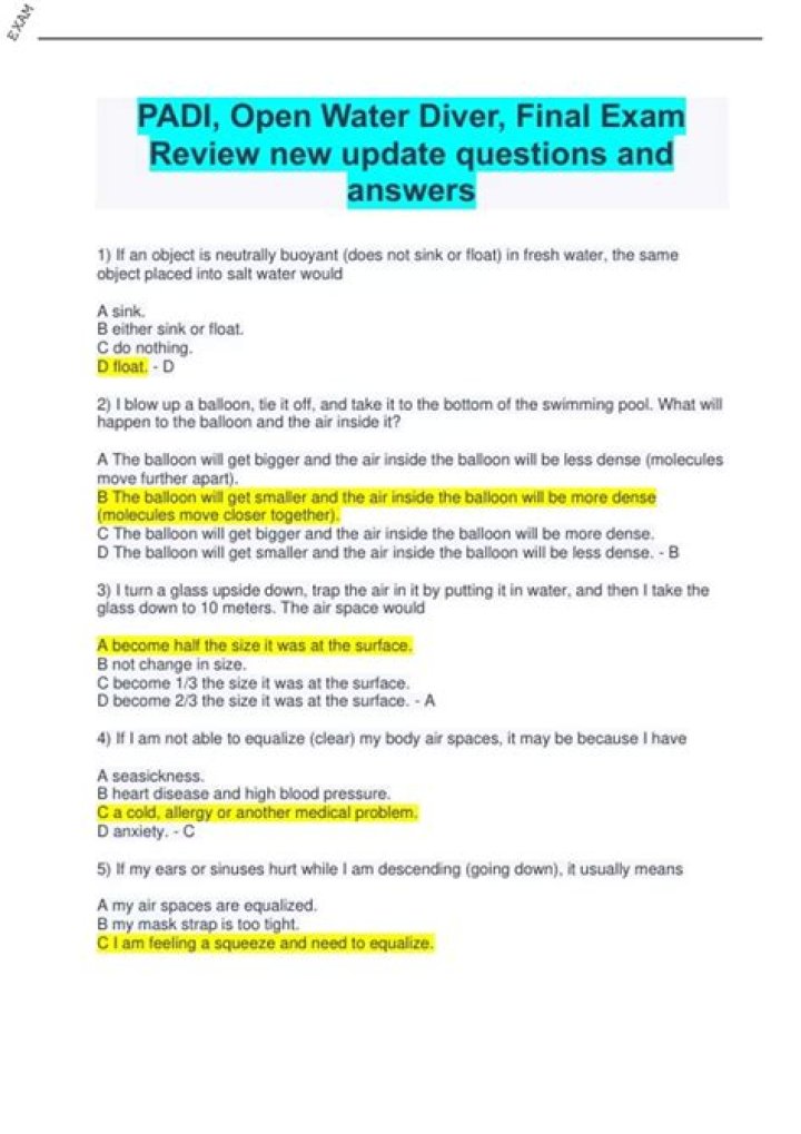 Final Exam Padi Open Water Exam Questions 2019 PDF – Complete Practice Guide