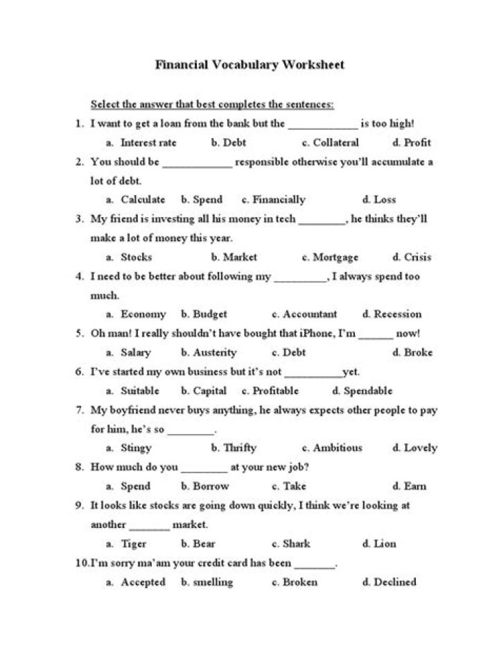 Financial Vocabulary Worksheet PDF: Master Key Terms for Success