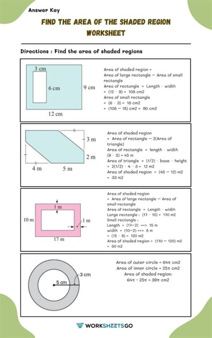 Finding Area of Shaded Region Worksheet PDF for Math Practice