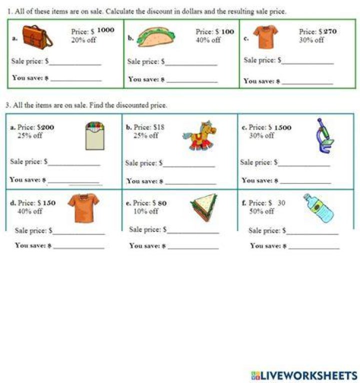 How to Find the Original Price on Discounted Items Worksheet PDF