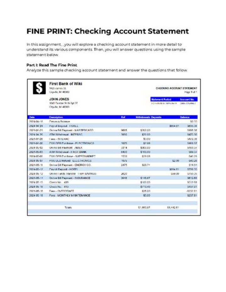 Fine Print Checking Account Statement Answer Key PDF