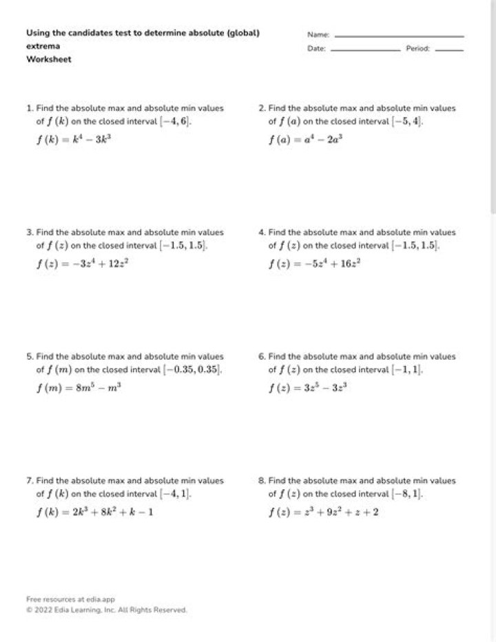 First Derivative Test Worksheet with Answers PDF for Calculus Students