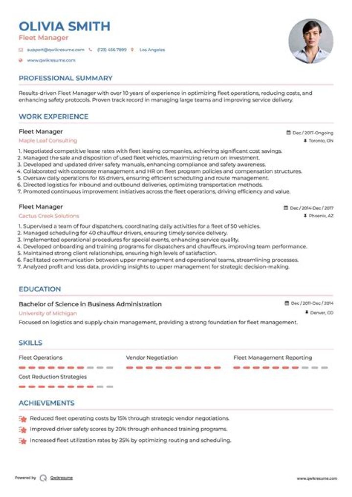 Fleet Manager Resume PDF for Job Applications