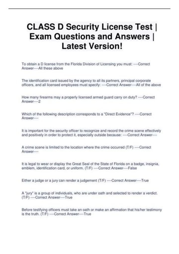 Florida Class D Security License Test Answers PDF – Perfect Prep Guide