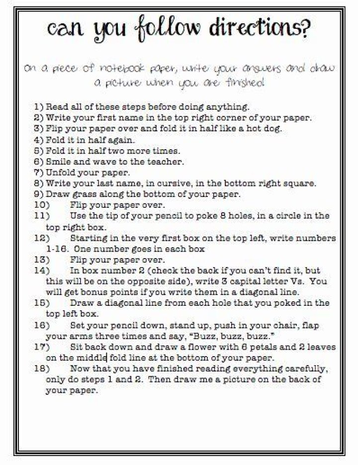 Free Following Directions Worksheet for Middle School - PDF Download