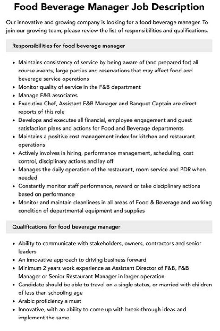 Food and Beverage Manager Job Description PDF: Full Guide & Requirements