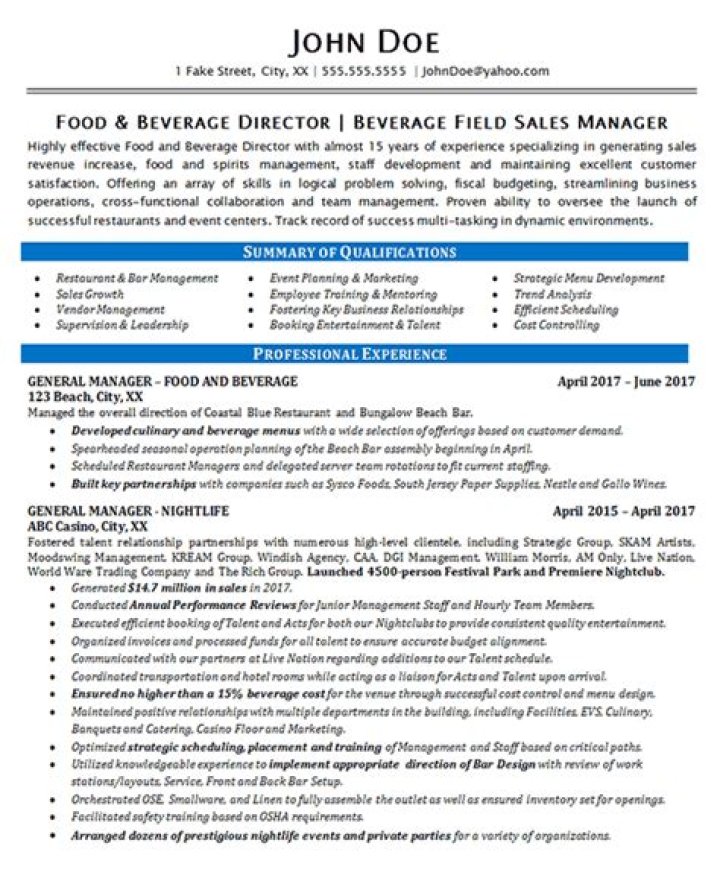 Food and Beverage Manager Resume PDF for Job Success