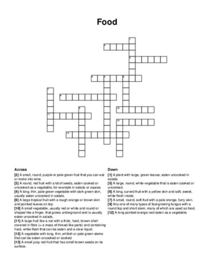 Food Crossword Puzzle with Answers PDF Download