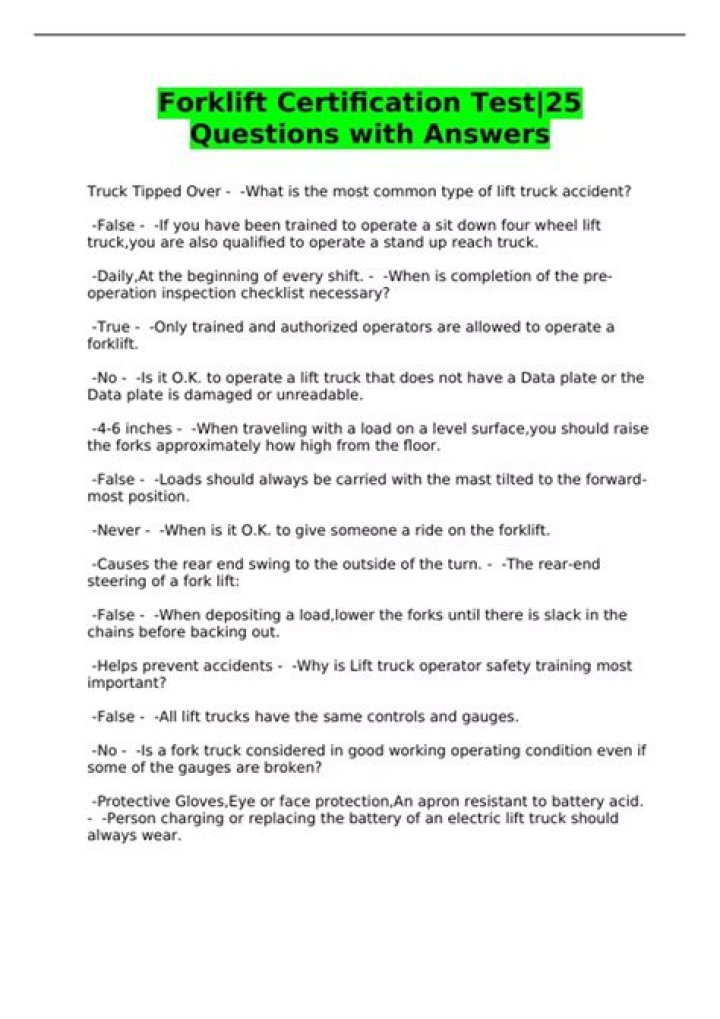 Forklift Test Questions and Answers PDF Free Download