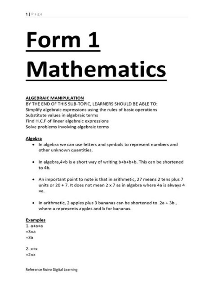 Free Form 1 Mathematics Questions and Answers PDF Download