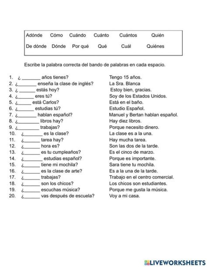 Forming Questions in Spanish Worksheet PDF for Learners