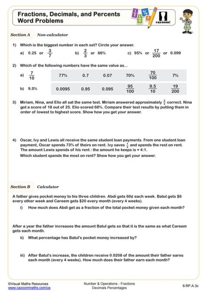 Fractions to Decimals to Percents Worksheet PDF | Instant Practice