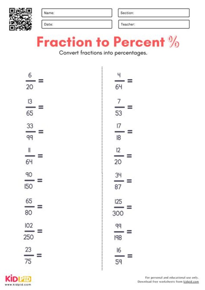 Fractions to Percents Worksheet PDF – Instant Practice & Answers