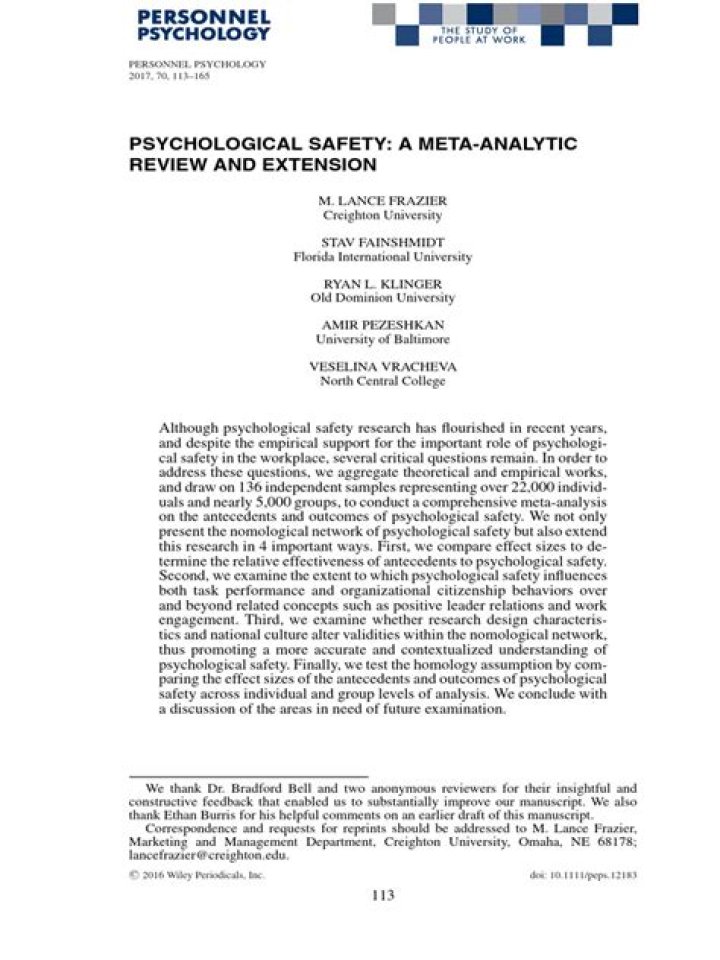 Frazier (2017) Psychological Safety Meta-Analysis: Journal of Management PDF Insights