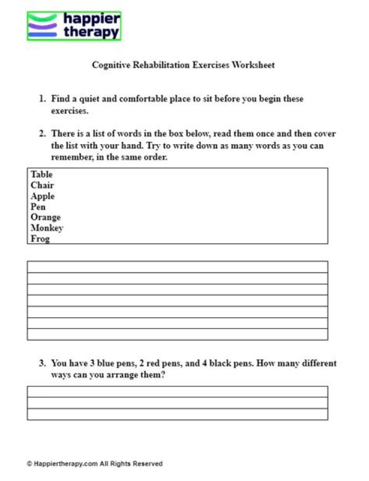 Free Cognitive Rehabilitation Exercises Worksheets PDF for Recovery