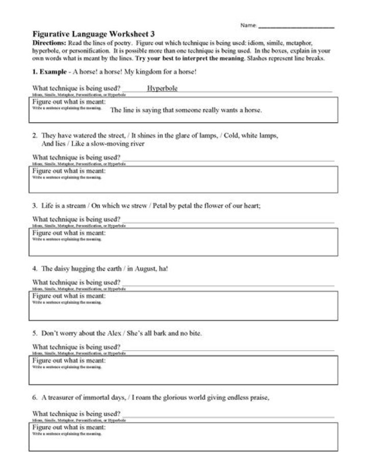 Free Figurative Language Worksheets with Answers PDF for Teachers