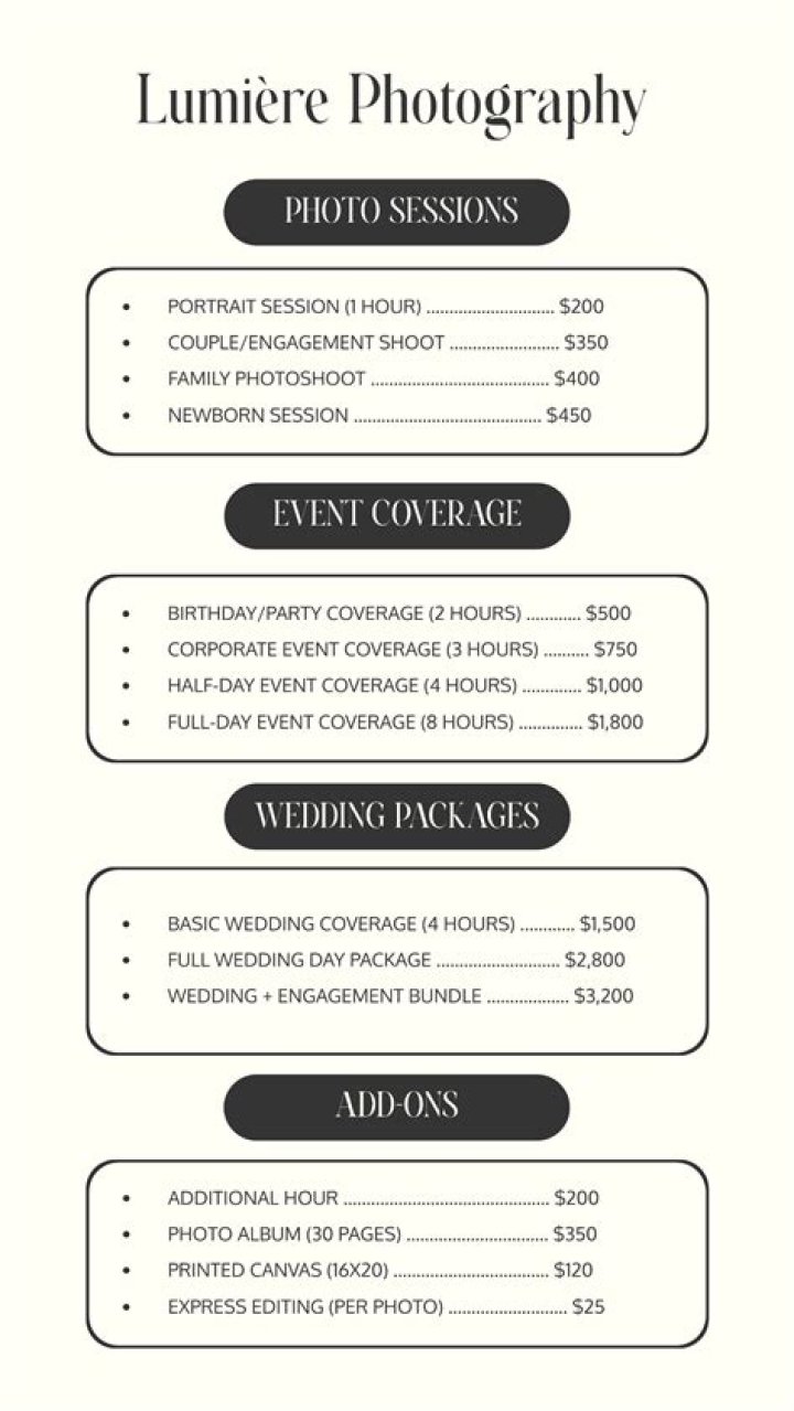 Free Photography Price List Template PDF – Download Now