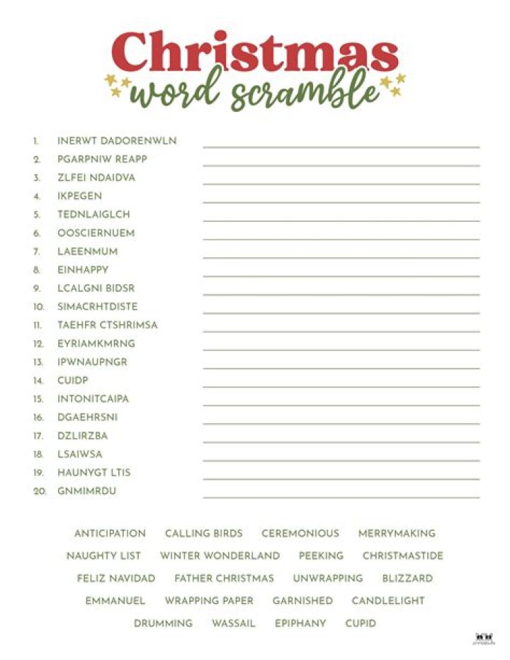 Free Printable Christmas Word Scramble with Answers PDF