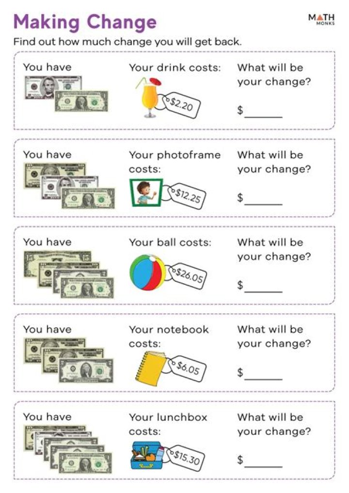 Free Printable Making Change Worksheets PDF for Kids