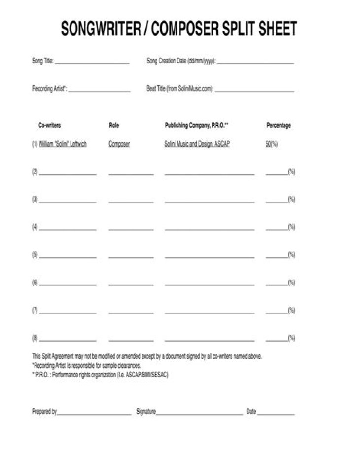Free Producer Split Sheet Template PDF for Music Producers