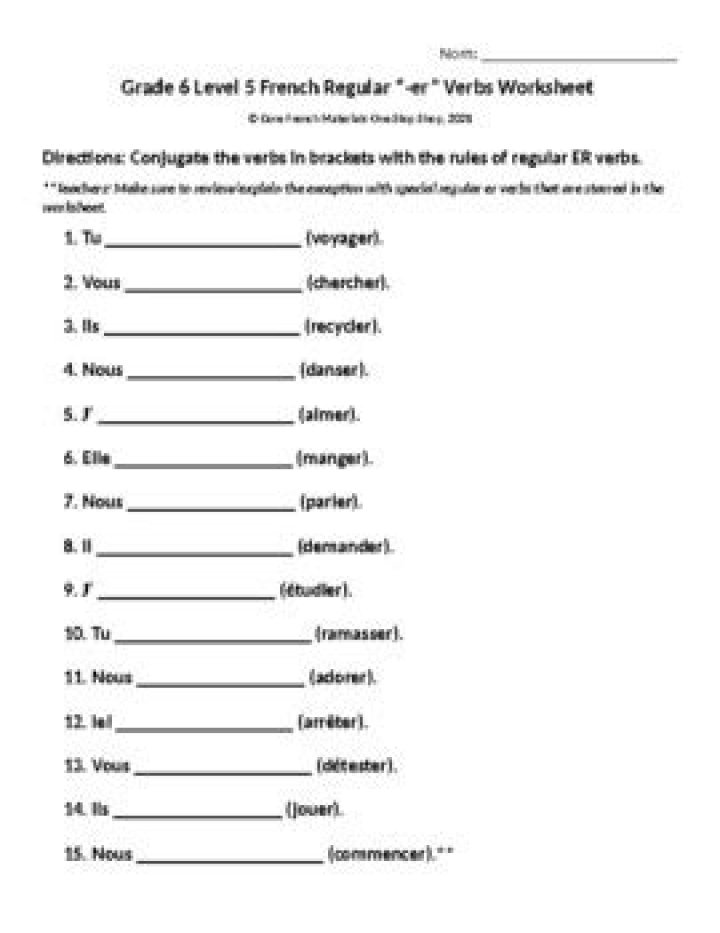 French ER Verbs Worksheets PDF for Easy Practice