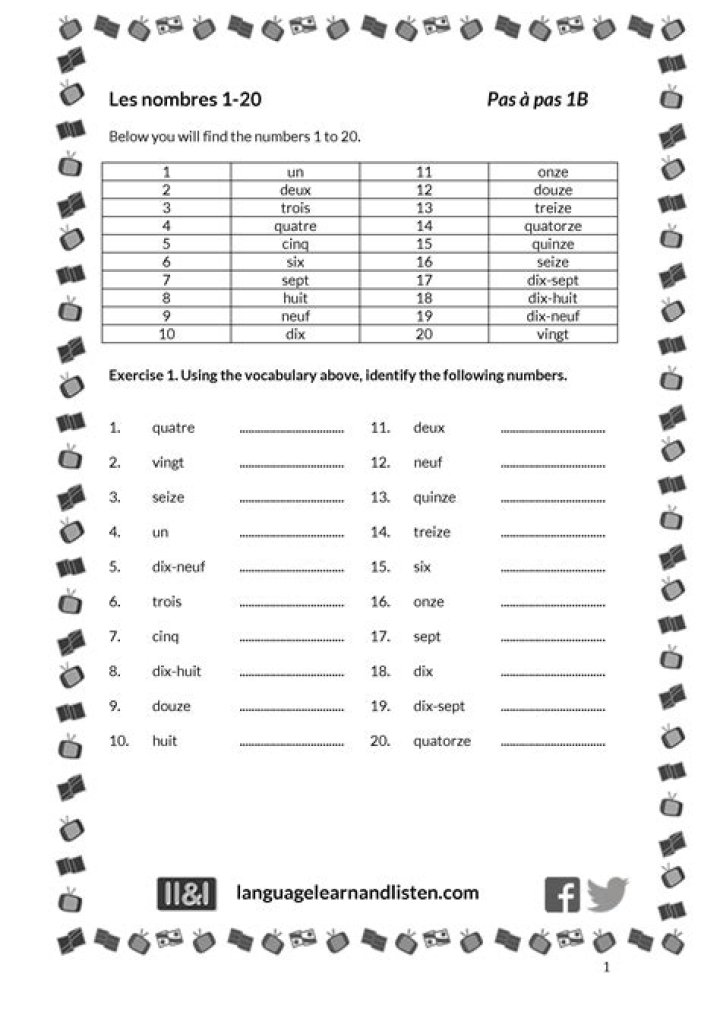 French Numbers 1-20 Worksheet PDF for Kids – Download Now
