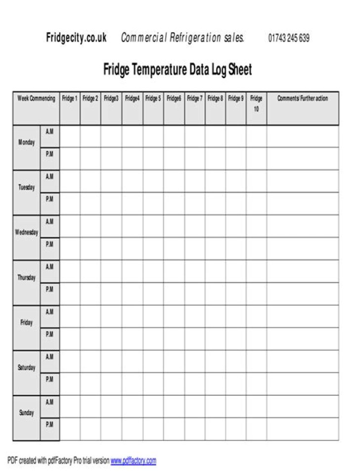 Fridge Temperature Record Sheet PDF Free Download