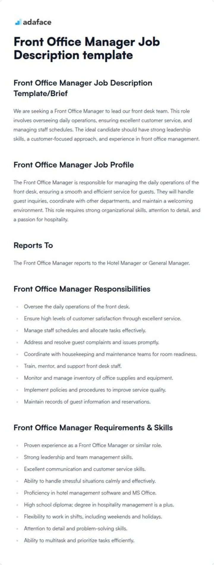 Front Office Manager Job Description PDF: Full Guide & Template