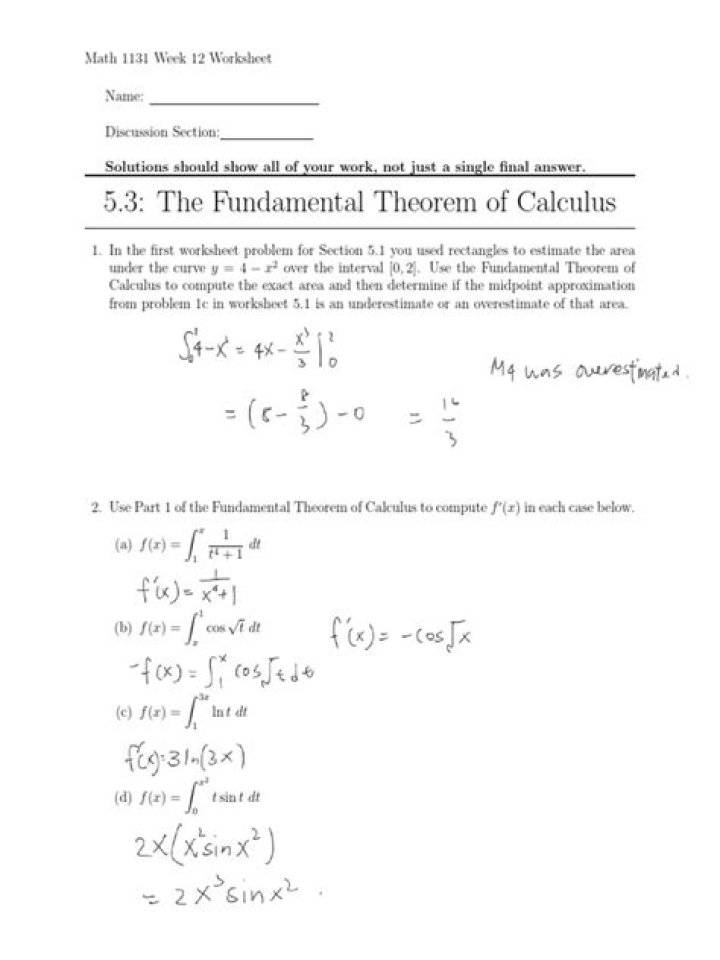 Fundamental Theorem of Calculus Worksheet PDF – Practice Problems & Solutions