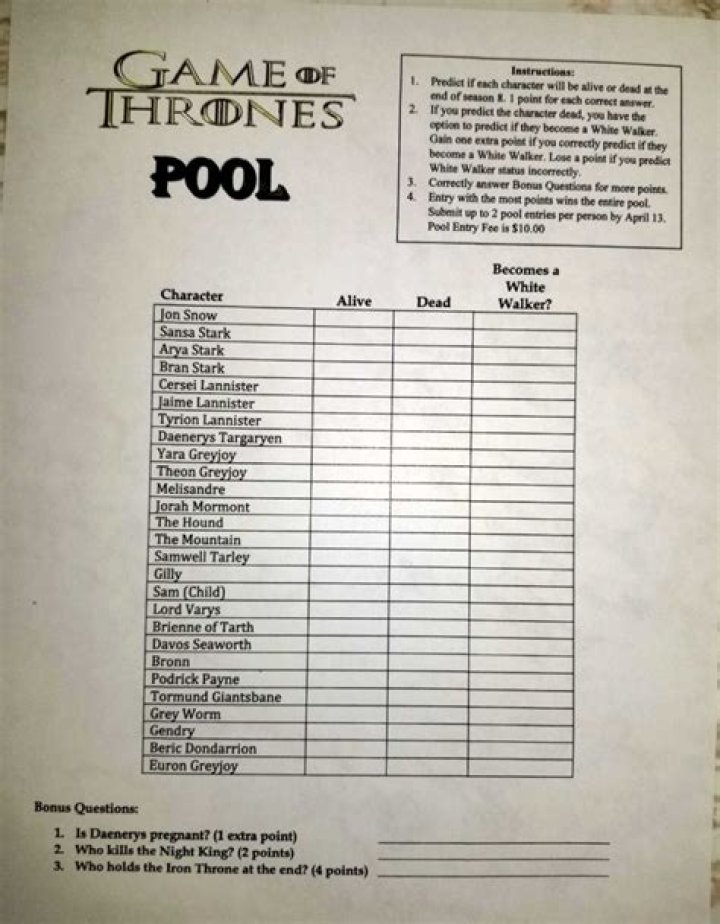 Game of Thrones Pool Sheet PDF: Full Season Match Tracker