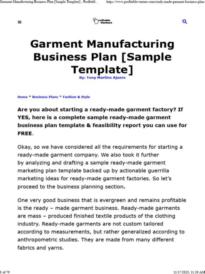 Complete Garment Business Plan PDF for Startups