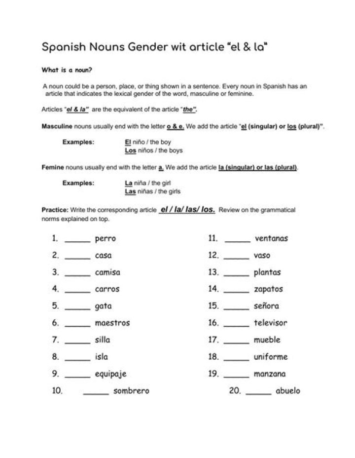 Free Gender of Nouns Spanish Worksheets PDF for Easy Learning