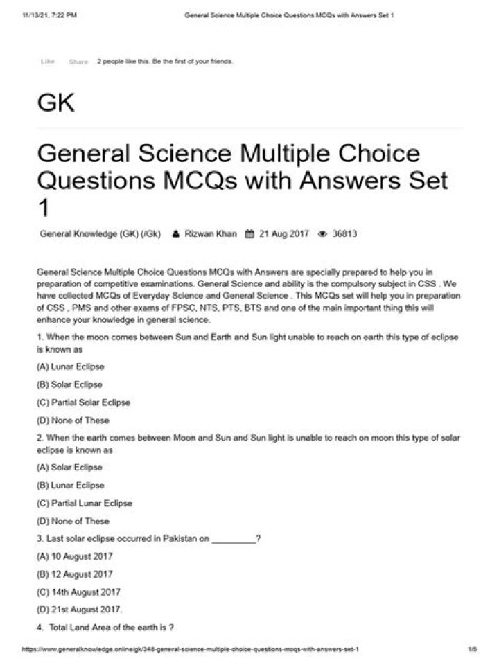 General Science Multiple Choice Questions with Answers PDF