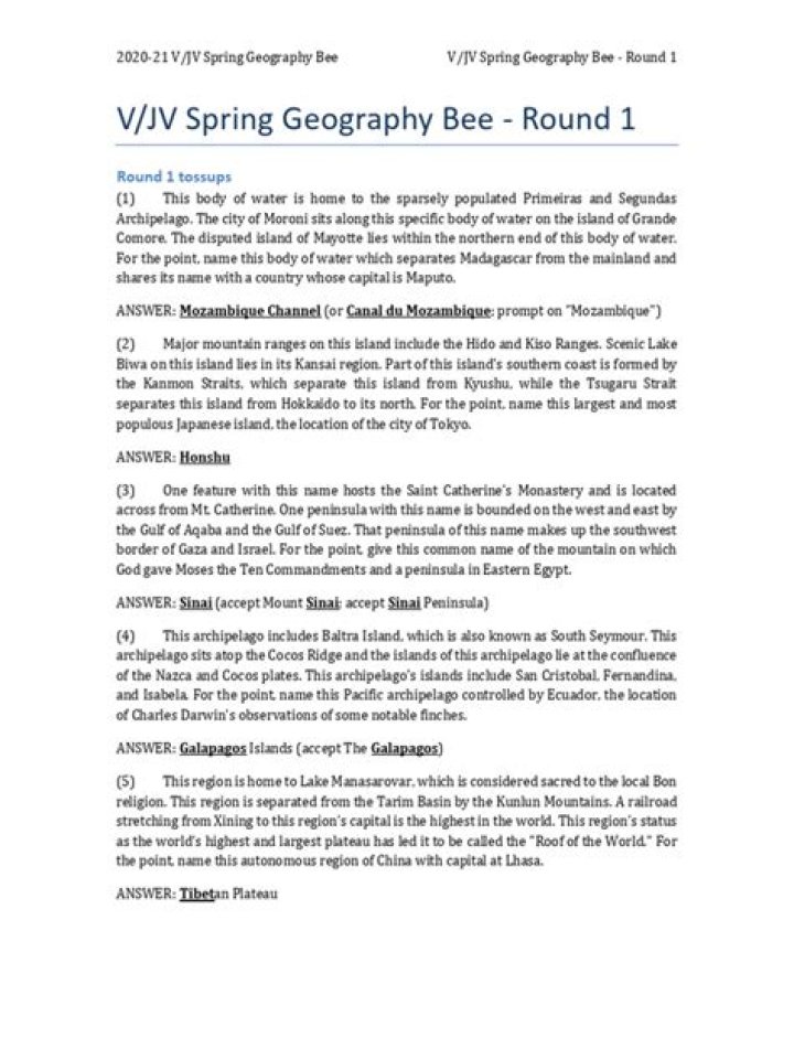 Geography Bee Questions PDF for Exam Prep