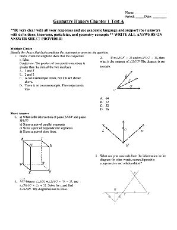 Geometry Honors Chapter 1 Test PDF – Download Practice Worksheet