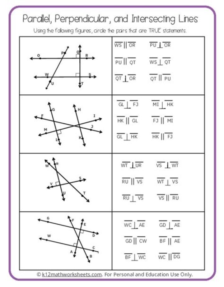 Geometry Parallel and Perpendicular Lines Worksheet PDF for Practice