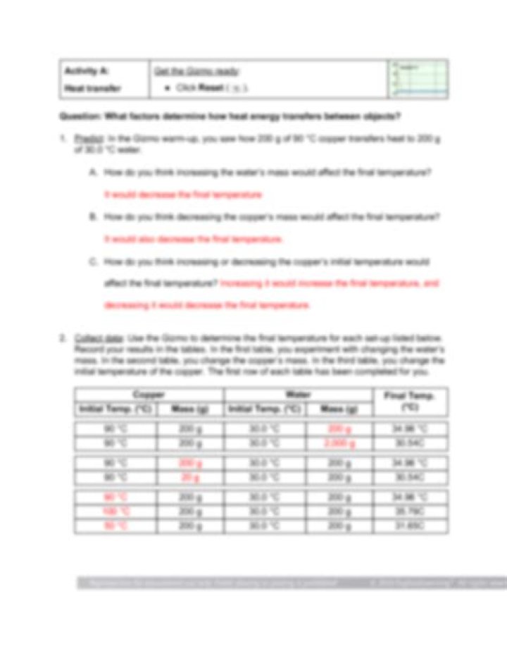 Free Gizmo Answer Key & Student Exploration Calorimetry Lab Answers PDF