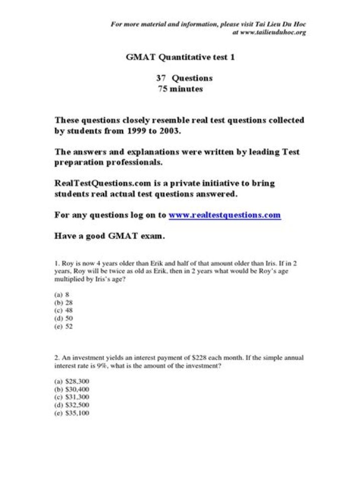 Free GMAT Quantitative Sample Questions PDF for Practice
