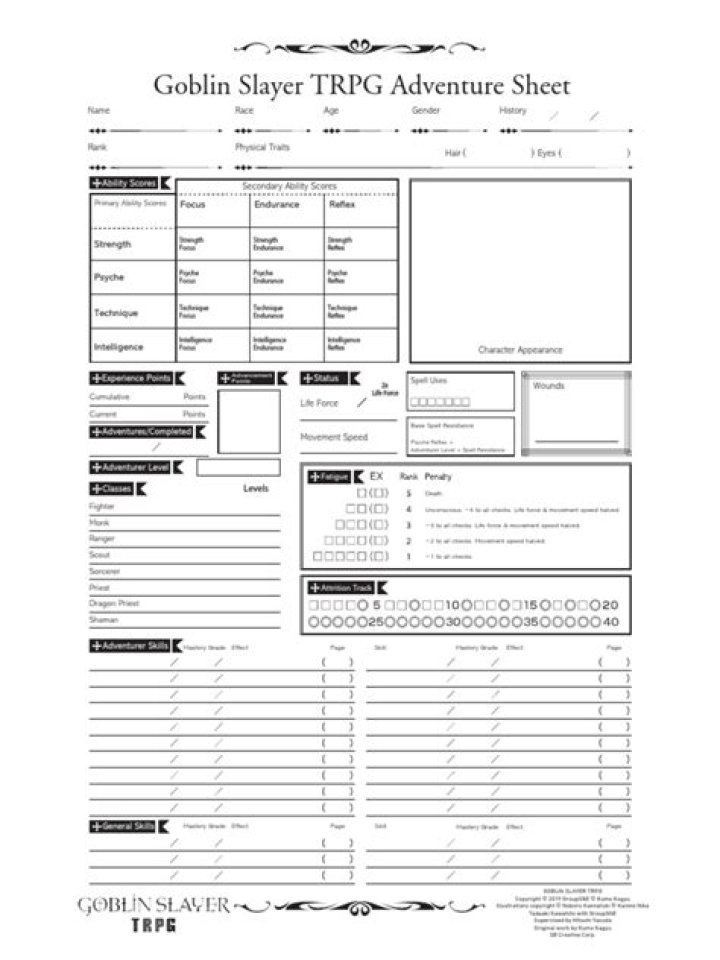Goblin Slayer TRPG Character Sheet PDF – Free Printable Playable Guide