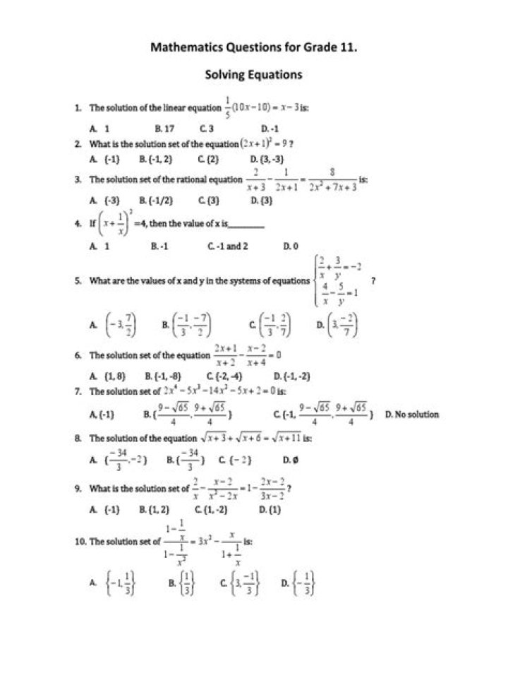 Free Grade 11 Math Questions & Answers PDF with Solutions